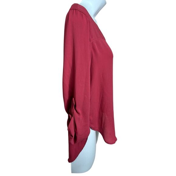 Ann Taylor LOFT Blouse Sz S Petite Rosy Pink Long Roll Tab Sleeves Career Office - Picture 4 of 7